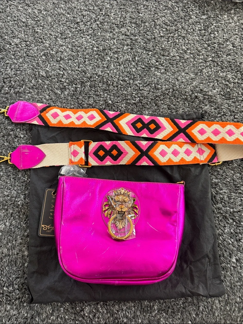 Sharif Hot Pink Crossbody with Lion Ring and Patterned Strap